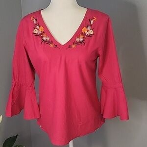 Carlie's Court Pink Cotton V-neck Embroidered 3/4 Sleeve Boho Blouse Size S